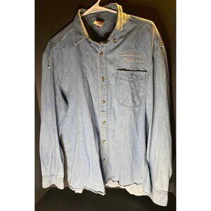 VTG Southwest Carpenters Union Denim Work Shirt Mens L USA Embroidered Distress